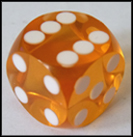 5/8 inches, orange transparent precision dice with regular spots